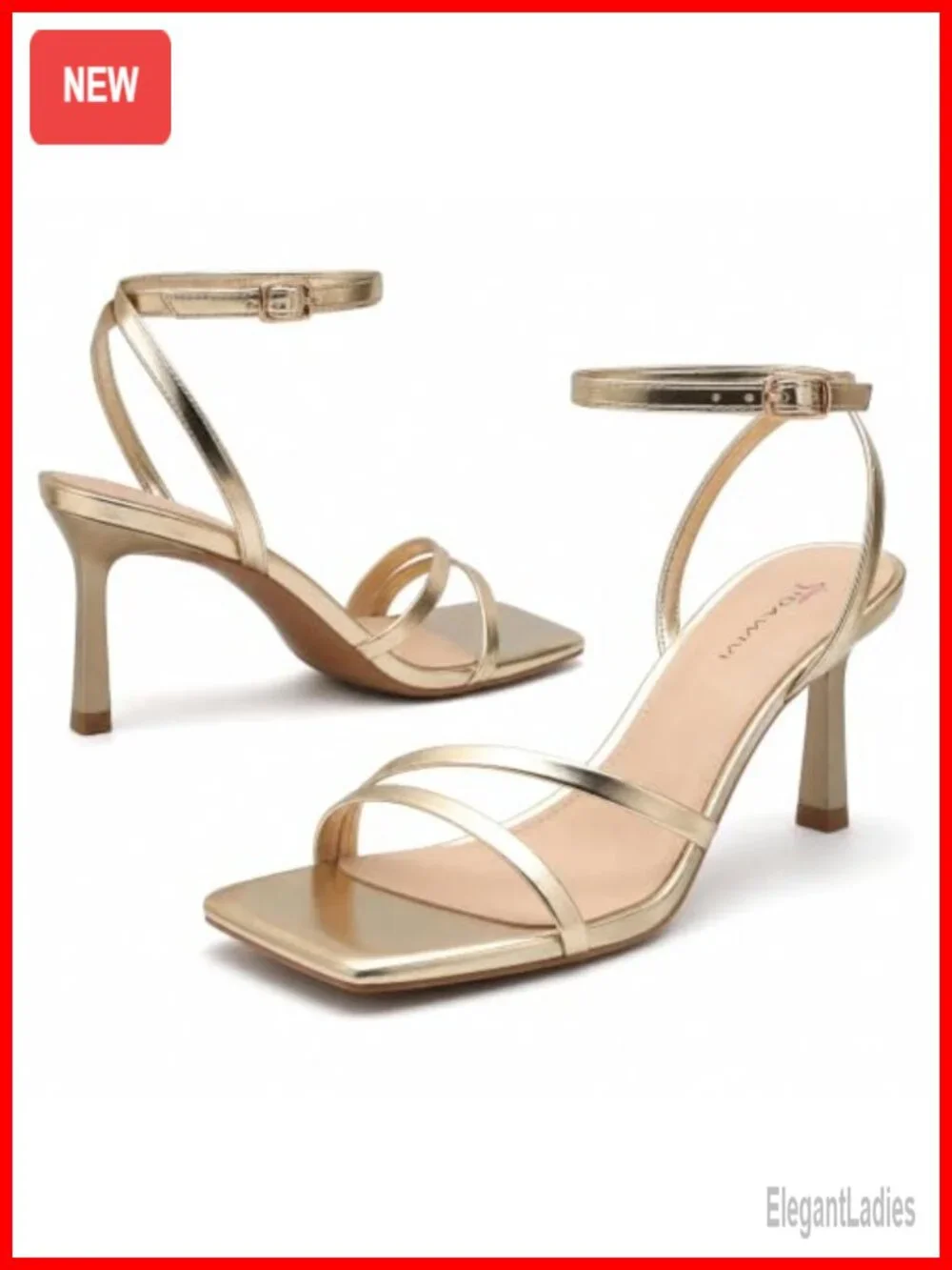 Square Toe Strappy Kitten Heel Sandals Adjustable Ankle Strap Faux Leather